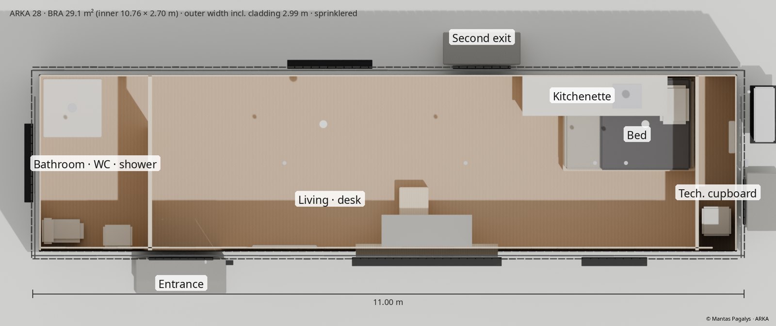 Floor plan of ARKA 28 v2 with bathroom, living area, kitchenette, bed and technical cupboard