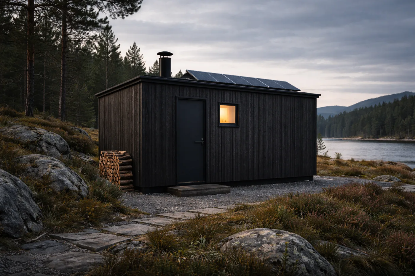 Visualization of the FJELL cabin design: dark larch cladding, a lit window, firewood stacked outside, by a lake at dusk